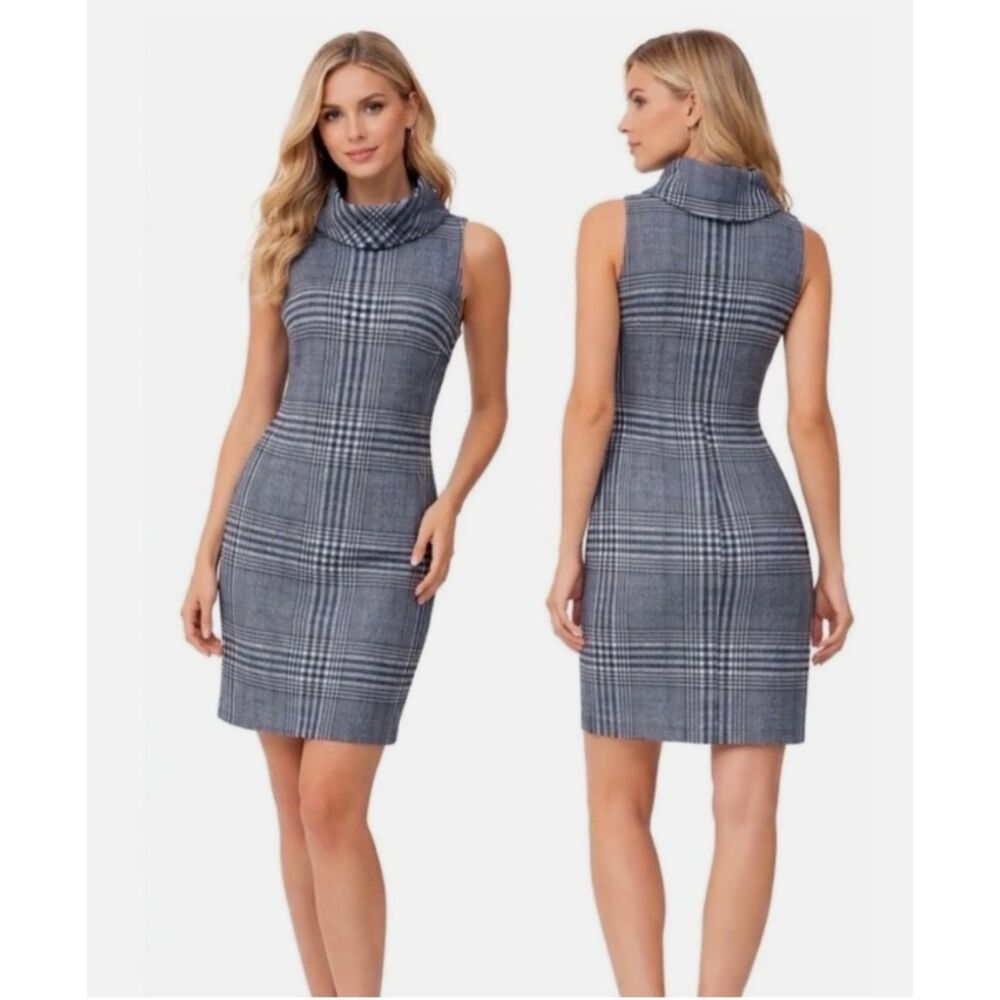 J.McLaughlin Blue Plaid Cowl Neck Shift Dress Sleek Corporate Office Siren Sz XS